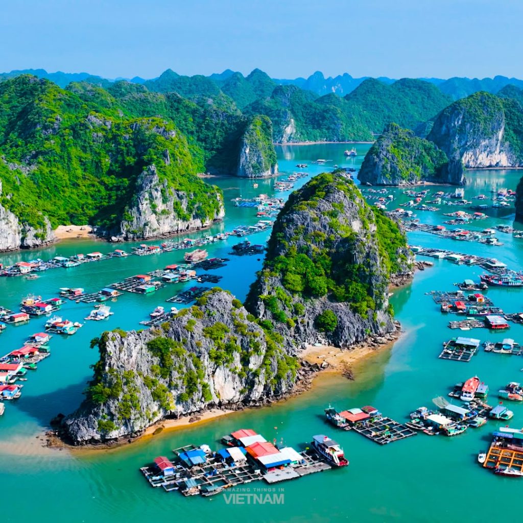 Aerial view of Cai Beo Ancient Floating Fishing Village in Lan Ha Bay